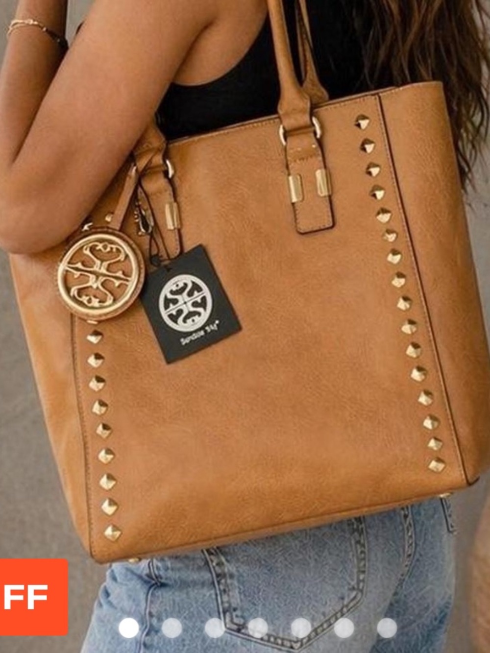 Sundae sky brown leather bag Tan Studded Tote Bag with Logo Charm